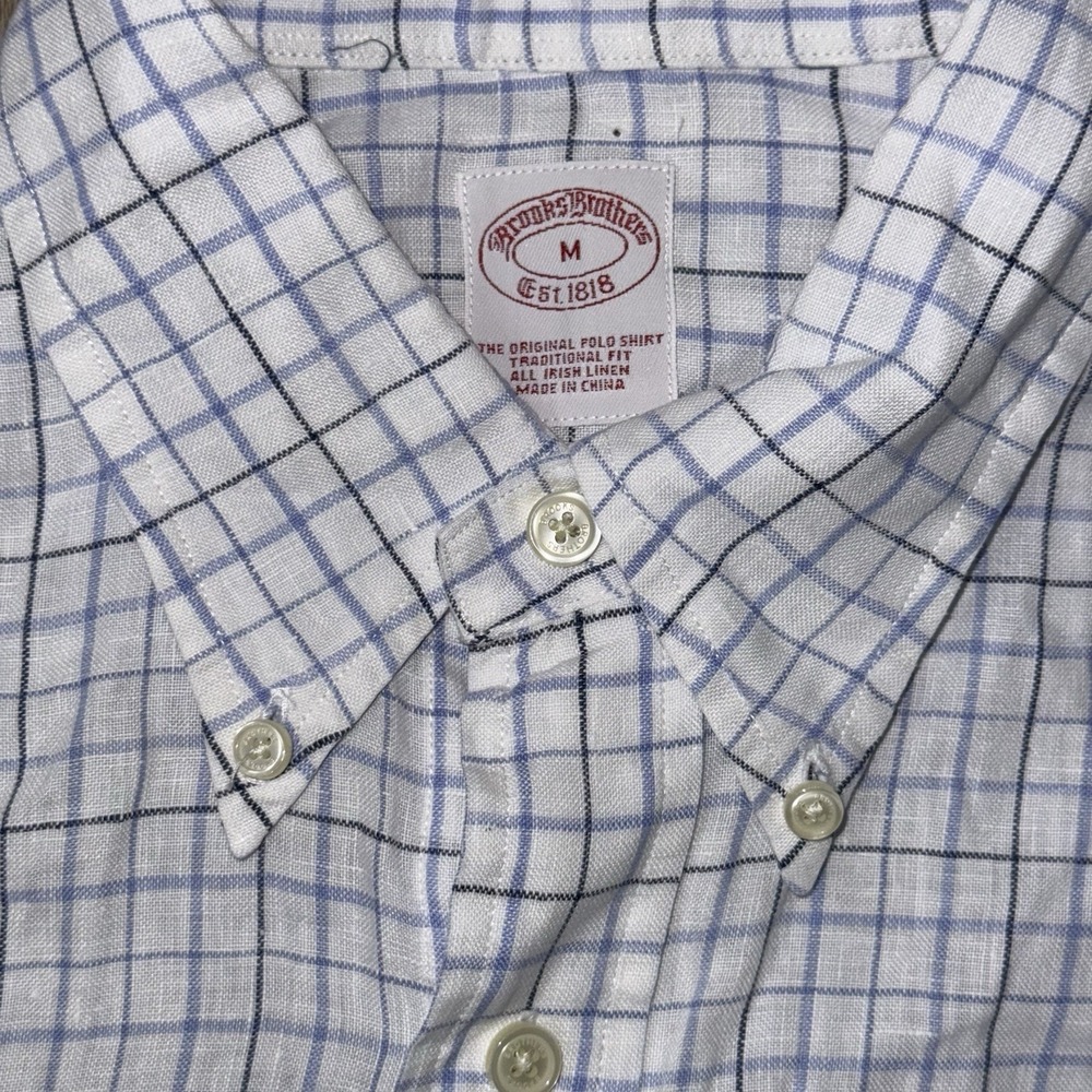 Brooks Brothers Irish Linen Short Sleeve Button Down Mens M Blue White Check